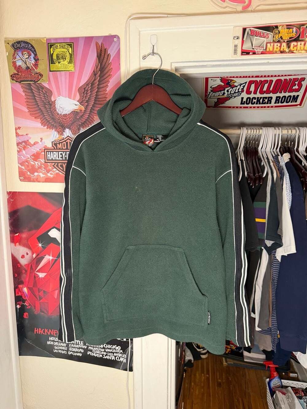Vintage 90s USA Olympic Green Fleece Hoodie with Striped Sleeves
